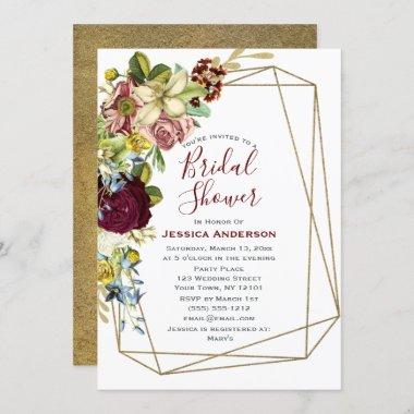 Vintage Floral Burgundy Gold Bridal Shower Invitations