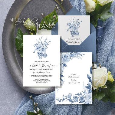 Vintage Floral Chinoiserie Blue Bridal Shower Invitations