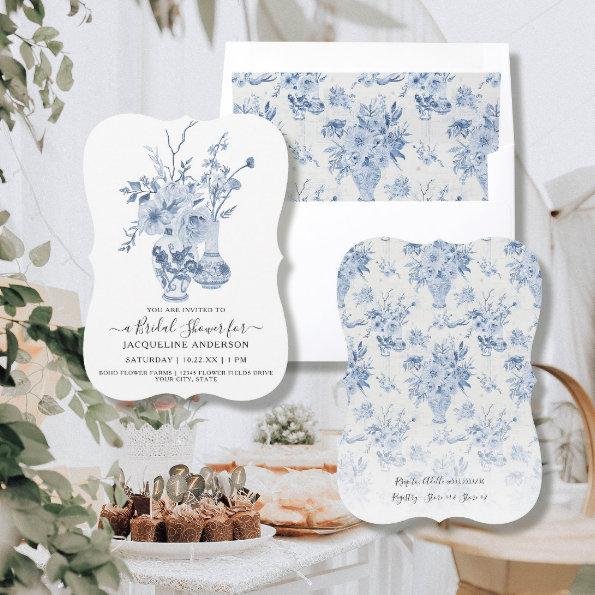 Vintage Floral Elegant Blue n White Bridal Shower Invitations