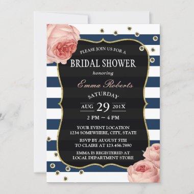 Vintage Floral Elegant Navy Stripes Bridal Shower Invitations