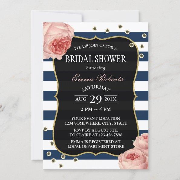 Vintage Floral Elegant Navy Stripes Bridal Shower Invitations