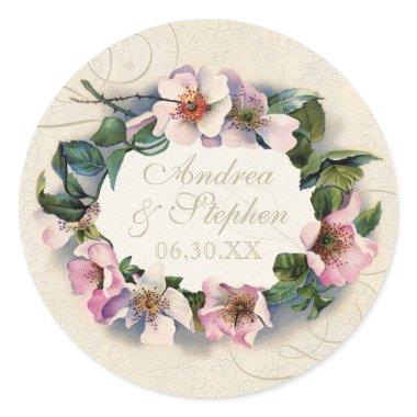 Vintage Floral Lace Wild Pink Rose Swirl Formal Classic Round Sticker