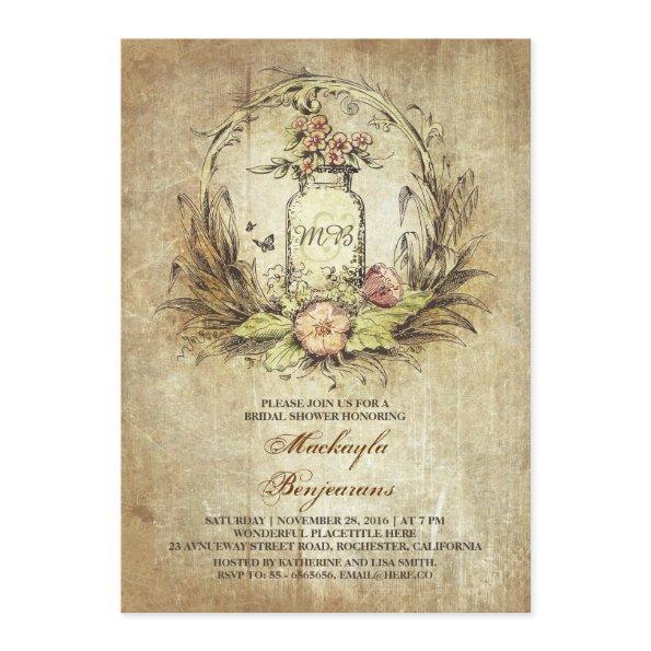 Vintage floral mason jar rustic bridal shower Invitations