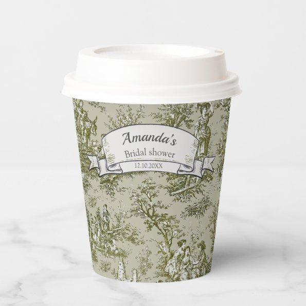 Vintage floral olive green toile de jouy shower paper cups