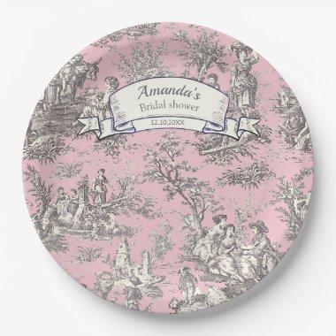 Vintage floral pink grey toile de jouy paper plates