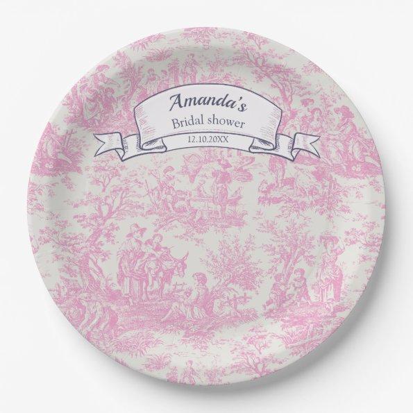 Vintage floral pink toile de jouy shower paper plates