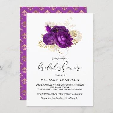 Vintage Floral Purple Gold Damask Bridal Shower Invitations