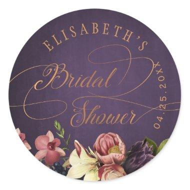 Vintage floral purple gold script bridal shower classic round sticker