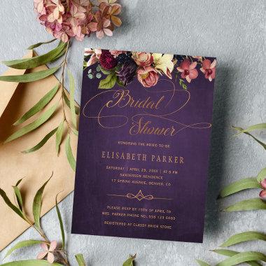 Vintage floral purple gold script bridal shower Invitations