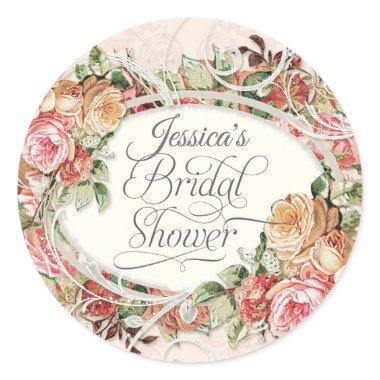 Vintage Floral Rose Elegant Bridal Shower Blush Classic Round Sticker