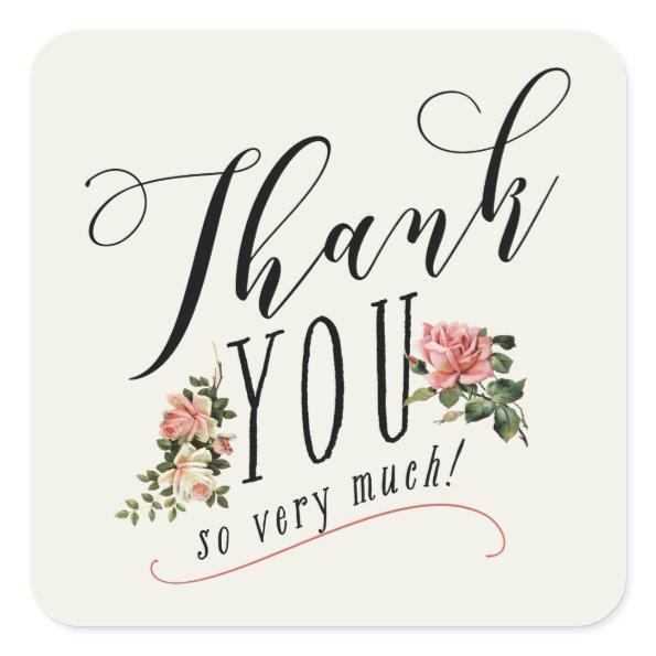Vintage Floral Rose Typography Thank You Square Sticker
