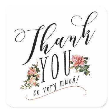 Vintage Floral Rose Typography Thank You White Square Sticker