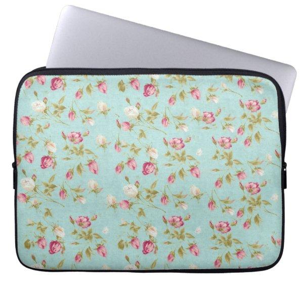 Vintage floral roses blue shabby chic rose flowers laptop sleeve