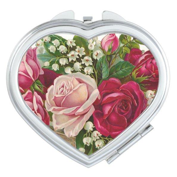 Vintage Floral roses compact mirror heart