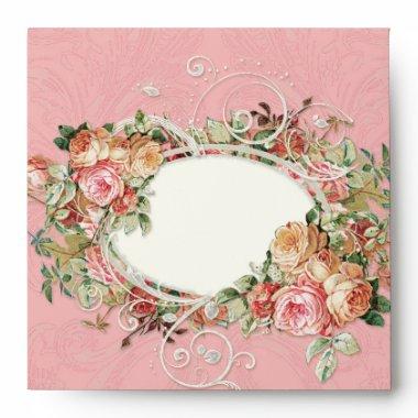 Vintage Floral Roses Square Elegant Pink Damask Envelope