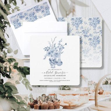 Vintage Floral Square Blue n White Bridal Shower Invitations