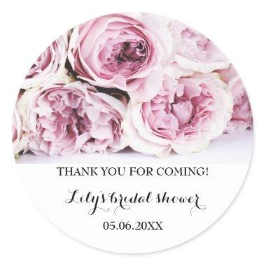 Vintage Floral Thank you Bridal Shower Pink Roses Classic Round Sticker