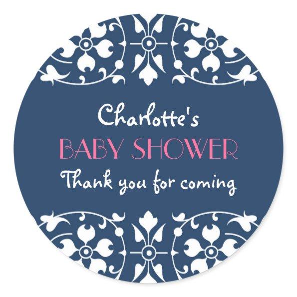Vintage Floral Thank You Sticker in Navy Blue