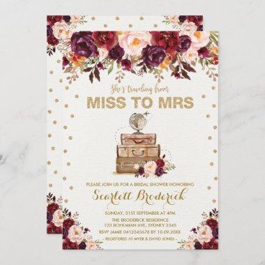 Vintage Floral Travel Miss to Mrs Marsala Gold Invitations