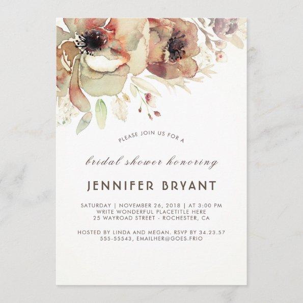 Vintage Floral Watercolors Fall Bridal Shower Invitations