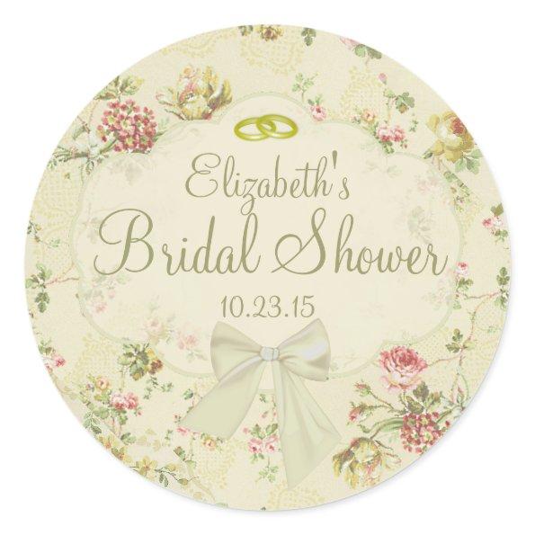 Vintage Floral White Bow Bridal Shower Classic Round Sticker