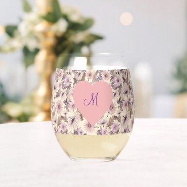 Vintage floral With Monogrammed Heart Stemless Wine Glass