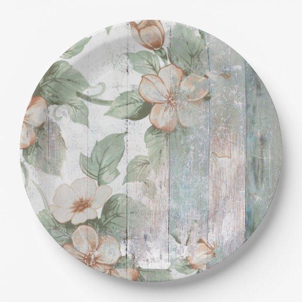 Vintage Floral & Wood Shabby Chic Paper Plate