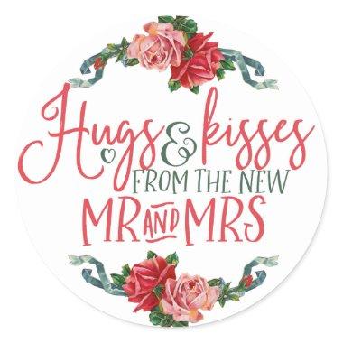 Vintage Floral Wreath Hugs and Kisses New Mr Mrs Classic Round Sticker