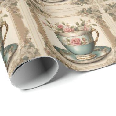 Vintage French Country Floral Tea Cup Wrapping Paper