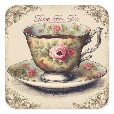 Vintage French Floral TeaCup Garden Tea Party Square Sticker