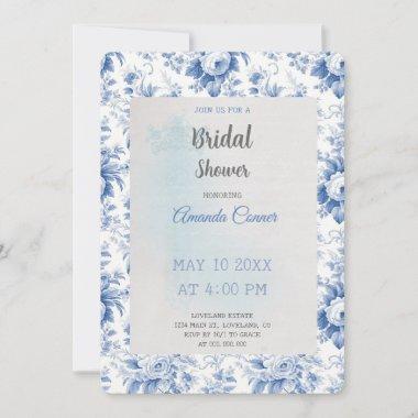 Vintage French Floral Toile Blue Bridal Shower Invitations