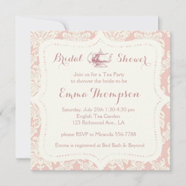 Vintage French Pink+Cream Damask Bridal Tea Party Invitations