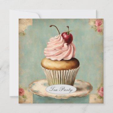 Vintage French Pink Floral Cupcake Tea Party Invitations
