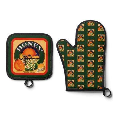 Vintage Fruit Label Oranges on Green Oven Mitt & Pot Holder Set