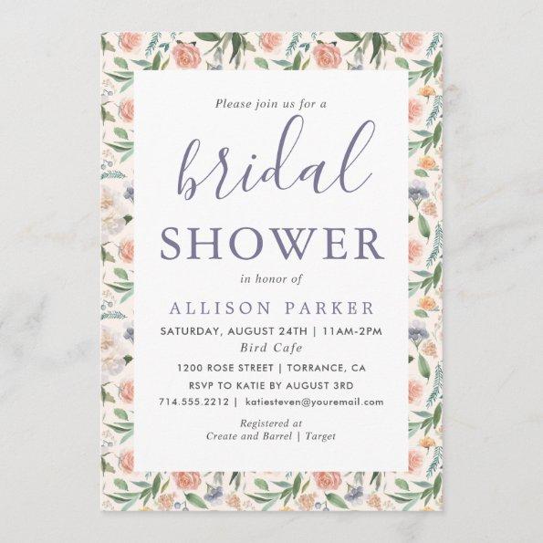 Vintage Garden Floral Pattern Purple Bridal Shower Invitations