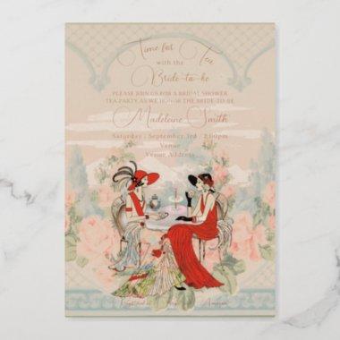 Vintage Garden Floral Time for Tea Bridal Shower Foil Invitations