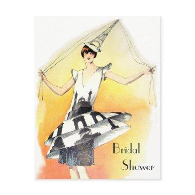 Vintage Girl in Eiffel Tower Costume Bridal Shower Invitations