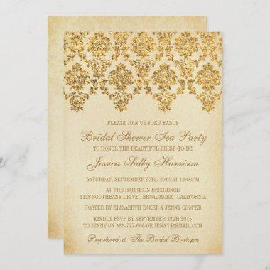 Vintage Glam Gold Damask Bridal Shower Invitations