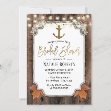 Vintage Gold Anchor Autumn Leaves Bridal Shower Invitations