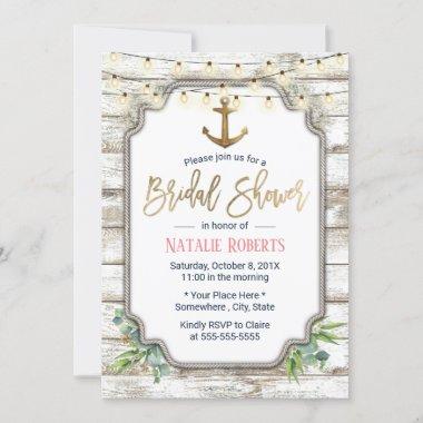 Vintage Gold Anchor Rustic Wood Bridal Shower Invitations