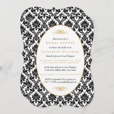 Vintage Gold, Black & White Damask Bridal Shower Invitations