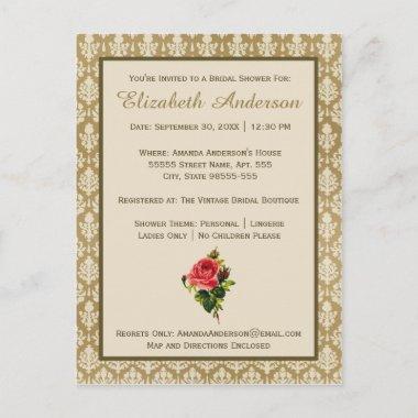 Vintage Gold Damask Pink Rose Bridal Shower Invitation PostInvitations