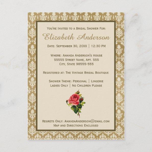 Vintage Gold Damask Pink Rose Bridal Shower Invitation PostInvitations