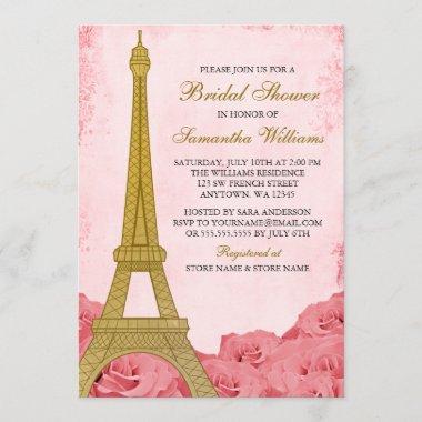 Vintage Gold Eiffel Tower Pink Roses Bridal Shower Invitations