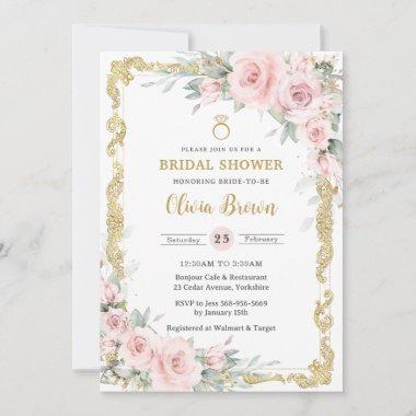 Vintage Gold Soft Blush Pink Floral Bridal Shower Invitations