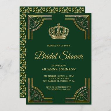 Vintage Green Gold Ornate Crown Bridal Shower Invitations
