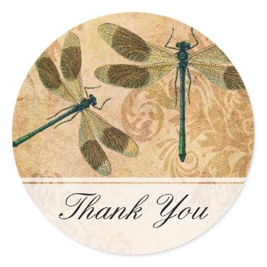 Vintage Grunge Damask Dragonflies Classic Round Sticker