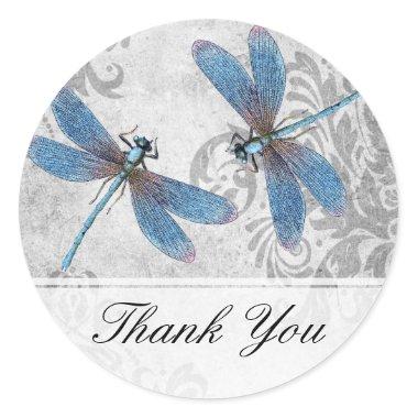 Vintage Grunge Damask Dragonflies Classic Round Sticker