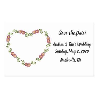 Vintage Heart-Shaped Wreath Flowers Save the Date Rectangular Sticker