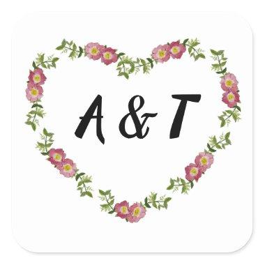 Vintage Heart-Shaped Wreath of Flowers for Wedding Square Sticker